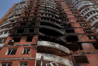 An apartment building damaged by a Russian drone strike, amid Russia's attack on Ukraine